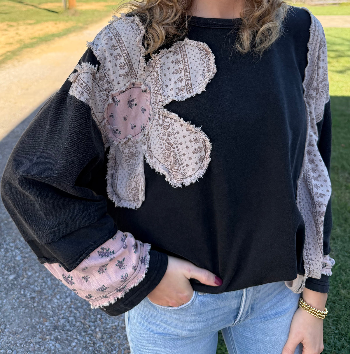 French Terry Patchwork Sleeve Pullover