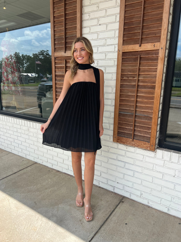 Pleated Sleeveless Mini Dress W/ Ties At Neck