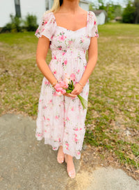 Floral Chiffon Flounce Sleeve Shirred Midi Dress