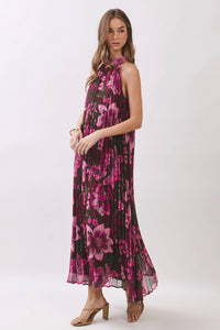 Floral Print Pleated Halter Maxi Dress