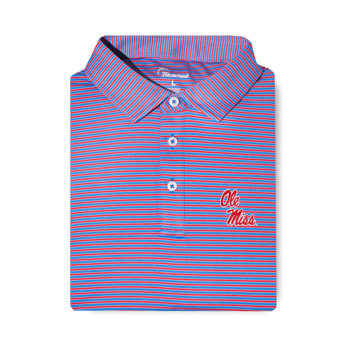 Bluecrest University Stripe Performance Polo Ole Miss Stacked Script