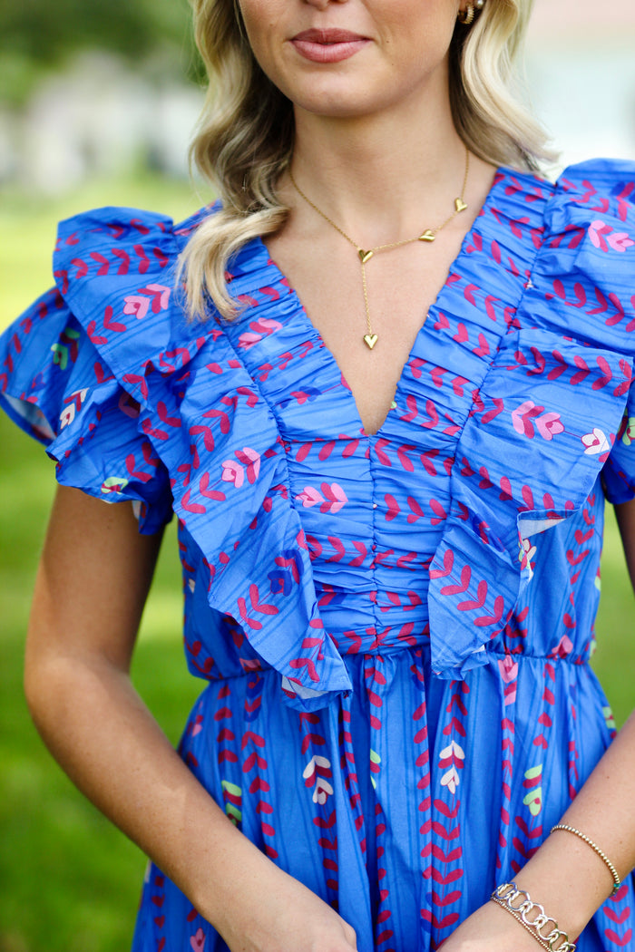 Ruffle Sleeved V-Neck Maxi Dress