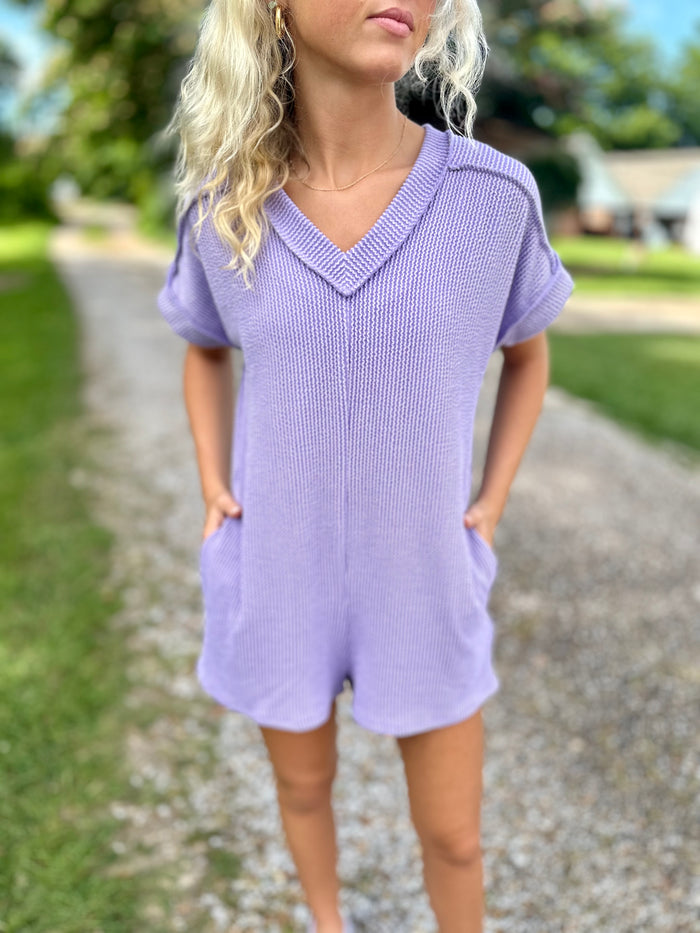 SHORT SLEEVE SOLID URBAN RIBBED ROMPER