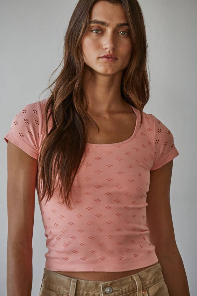 Seamless Eyelet Round Neck Short Sleeve Top