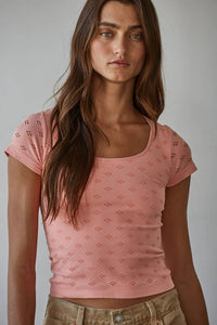Seamless Eyelet Round Neck Short Sleeve Top