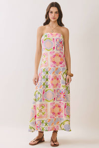 Tile Print Side Zipper Strapless Maxi Dress
