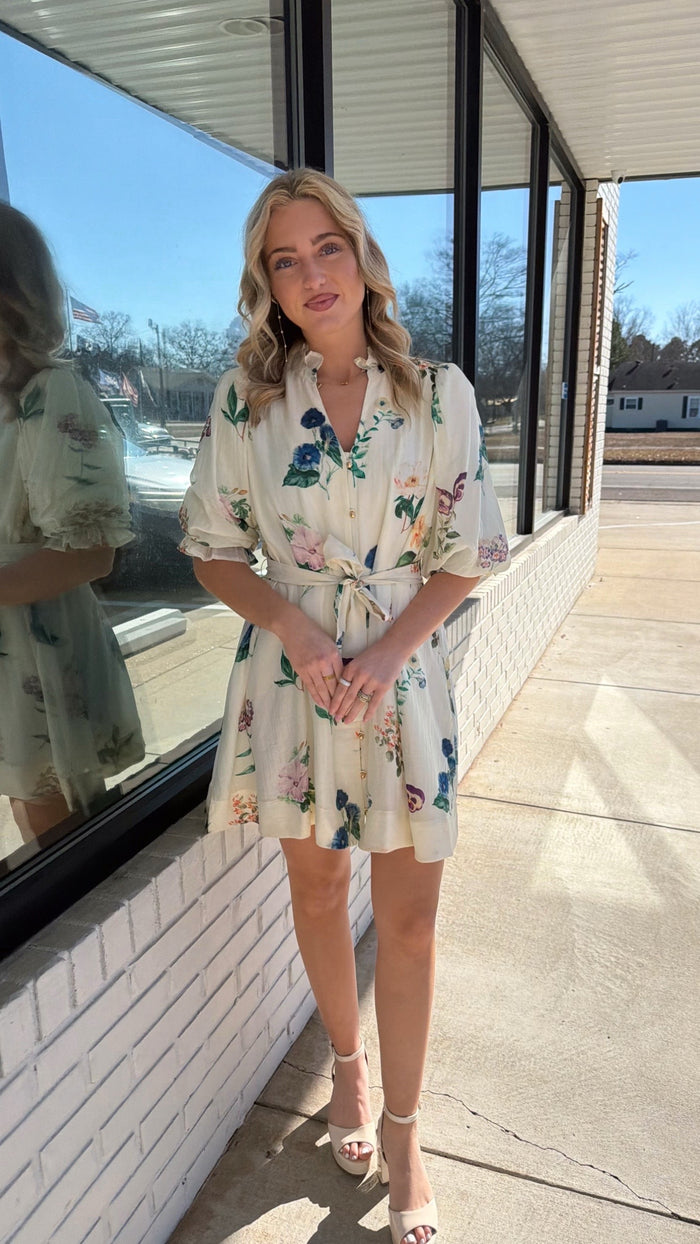 Floral print 3/4 puff sleeve mini dress