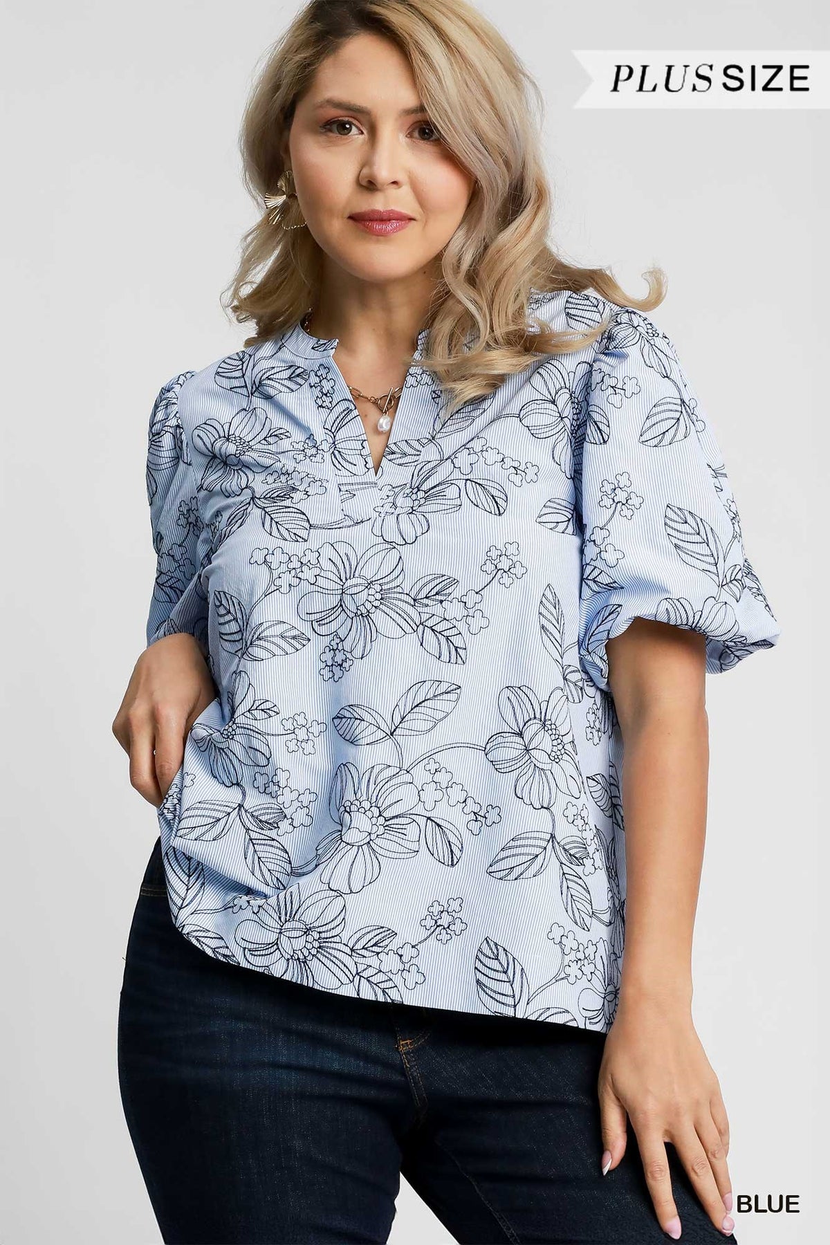 Stripe Embroidered Top w/ Puff Sleeves