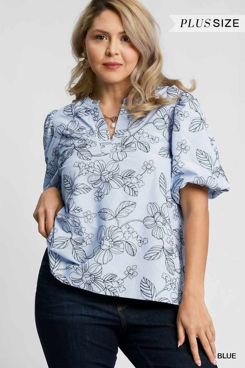 Stripe Embroidered Top w/ Puff Sleeves
