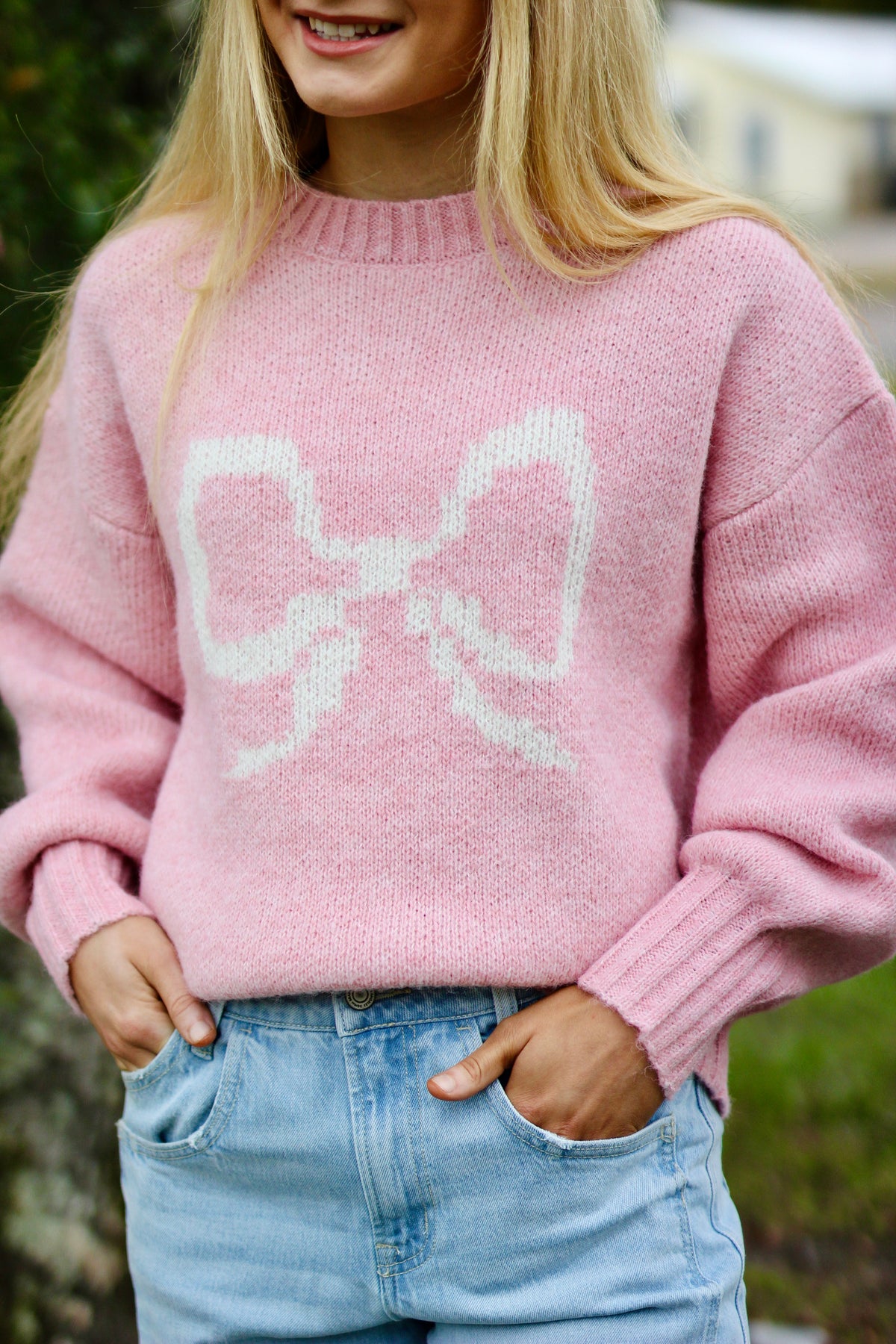 Bow Graphic Crew Neck Knit Sweatshirt