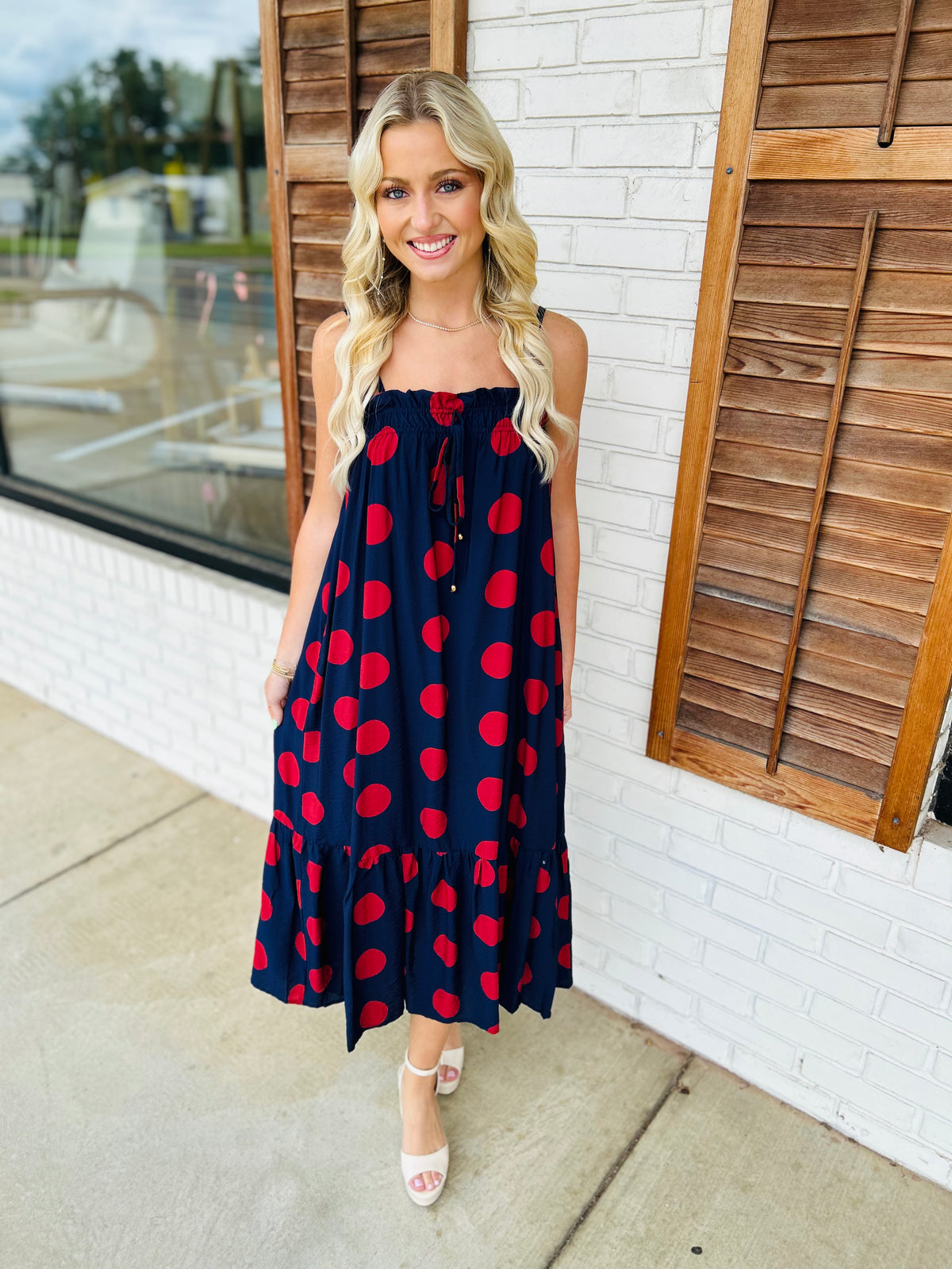 Polka dot adjustable strap midi dress