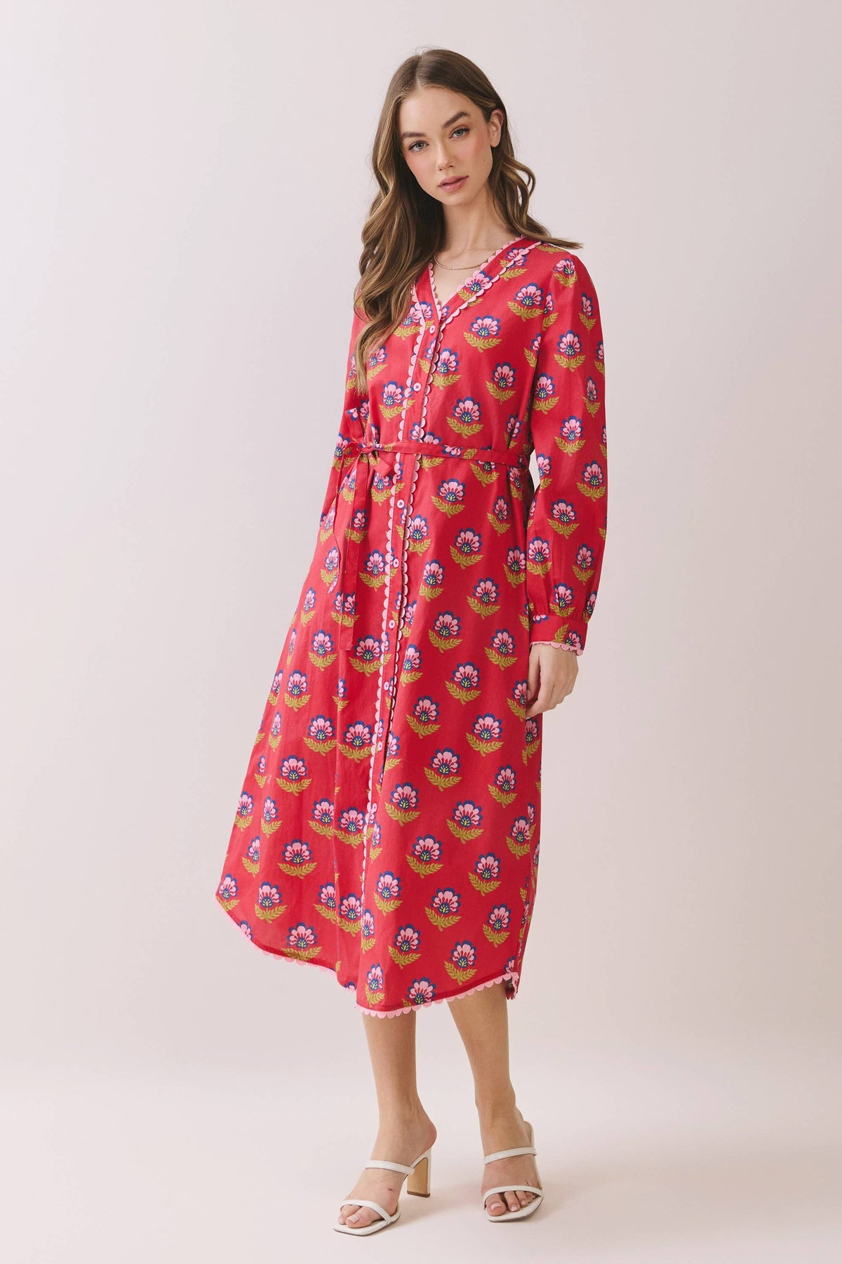 -Printed Long Sleeve Button Down Midi Dress