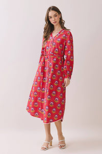 -Printed Long Sleeve Button Down Midi Dress