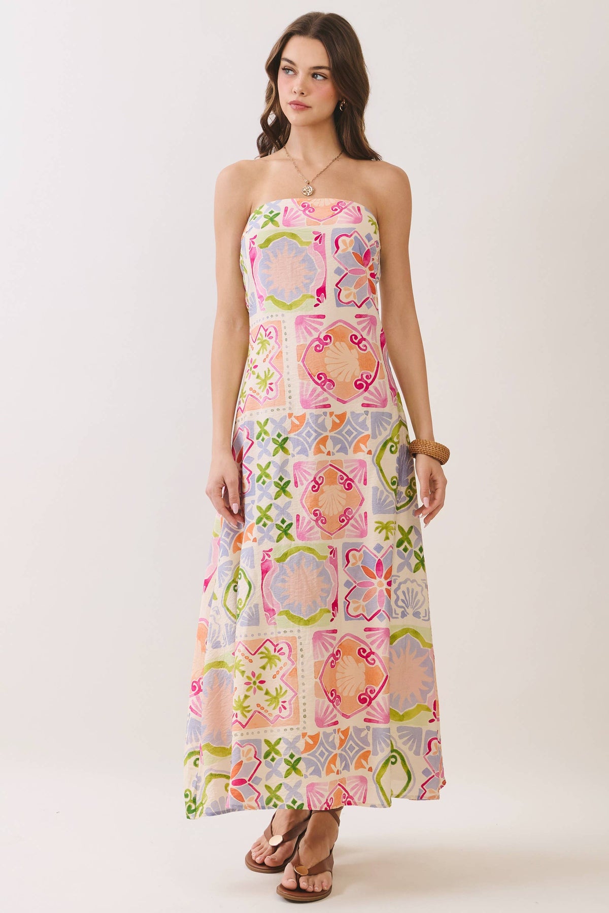 Tile Print Side Zipper Strapless Maxi Dress
