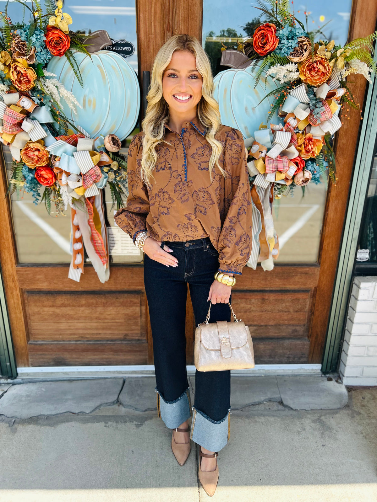 Embroidery 3/4 Puff Sleeve Blouse