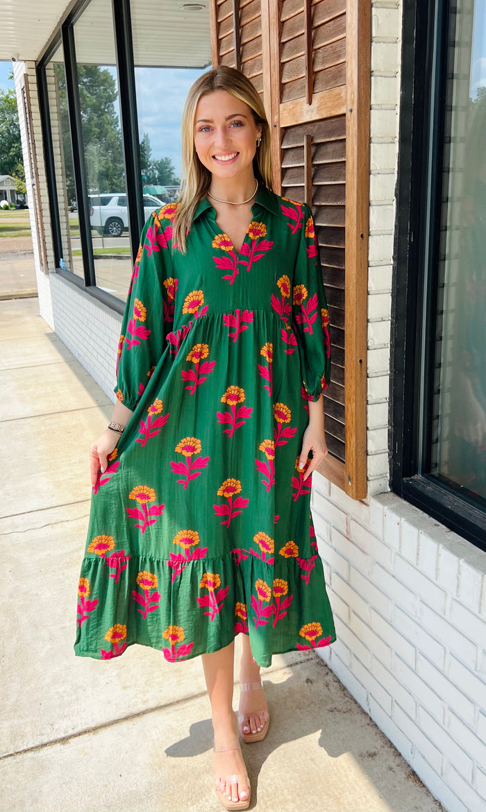 Floral Print Maxi Dress with Bubble Sleeves