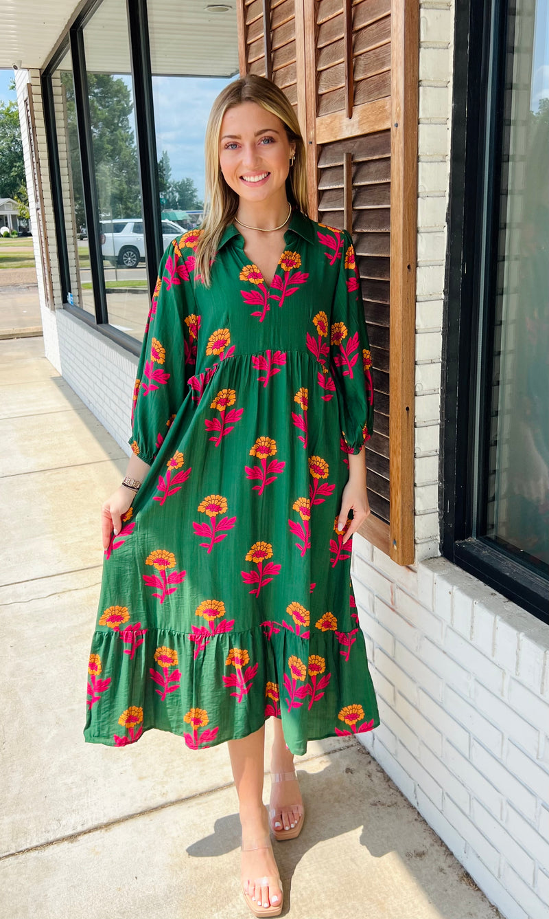 Floral Print Maxi Dress with Bubble Sleeves