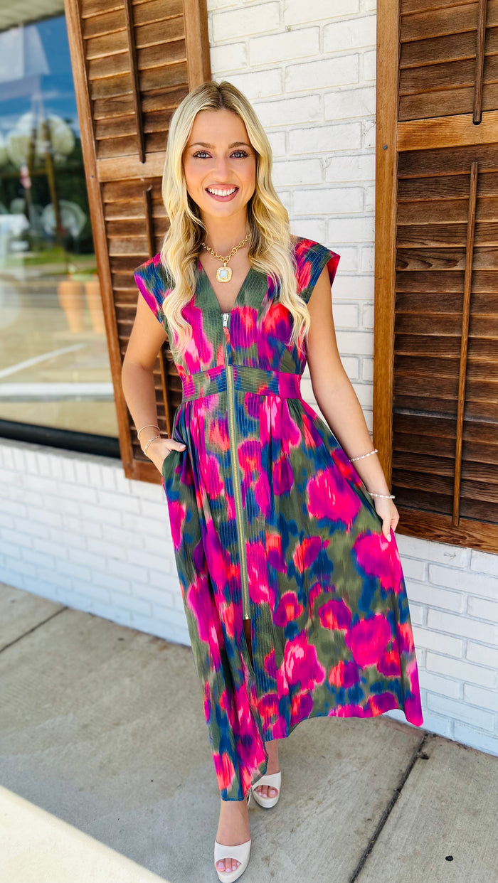 Printed cap sleeve midi dress featuring zipper closure at front