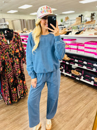 Denim Knit Washed Barrel Leg Pants Set