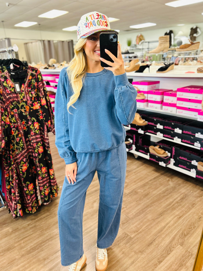 Denim Knit Washed Barrel Leg Pants Set