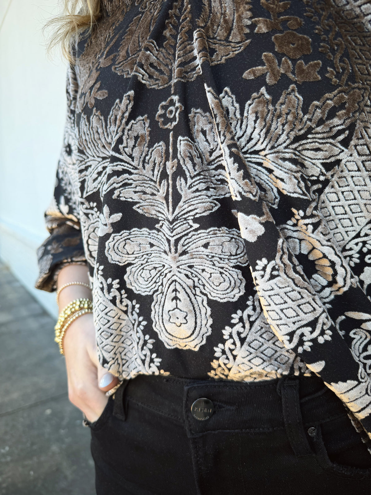 Damask Print Velvet Split Neck Top