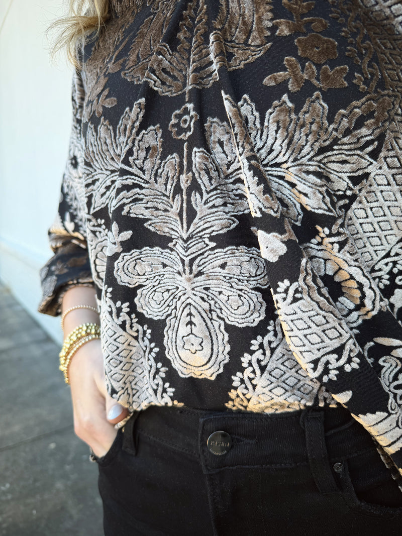 Damask Print Velvet Split Neck Top