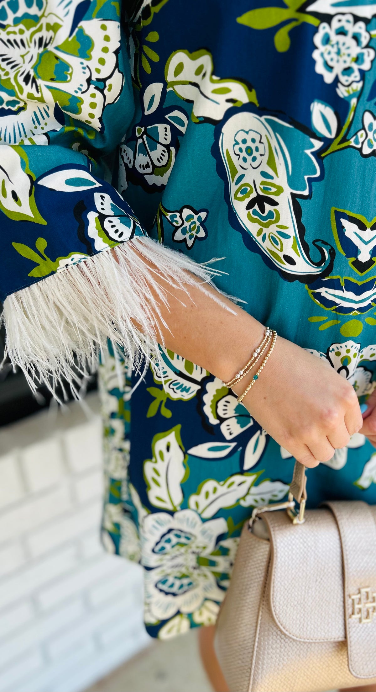 Floral Print Feather Trim Detail Mini Dress