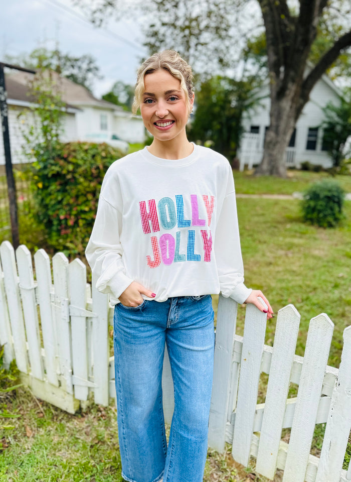 Holly Jolly White Holiday Sweatshirt Festive Winter Pullover