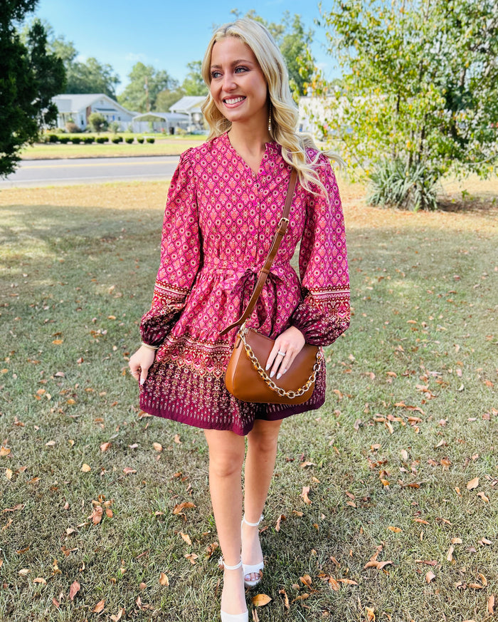 Floral & Geo Border Print Matching Waist Tie Button Up Dress