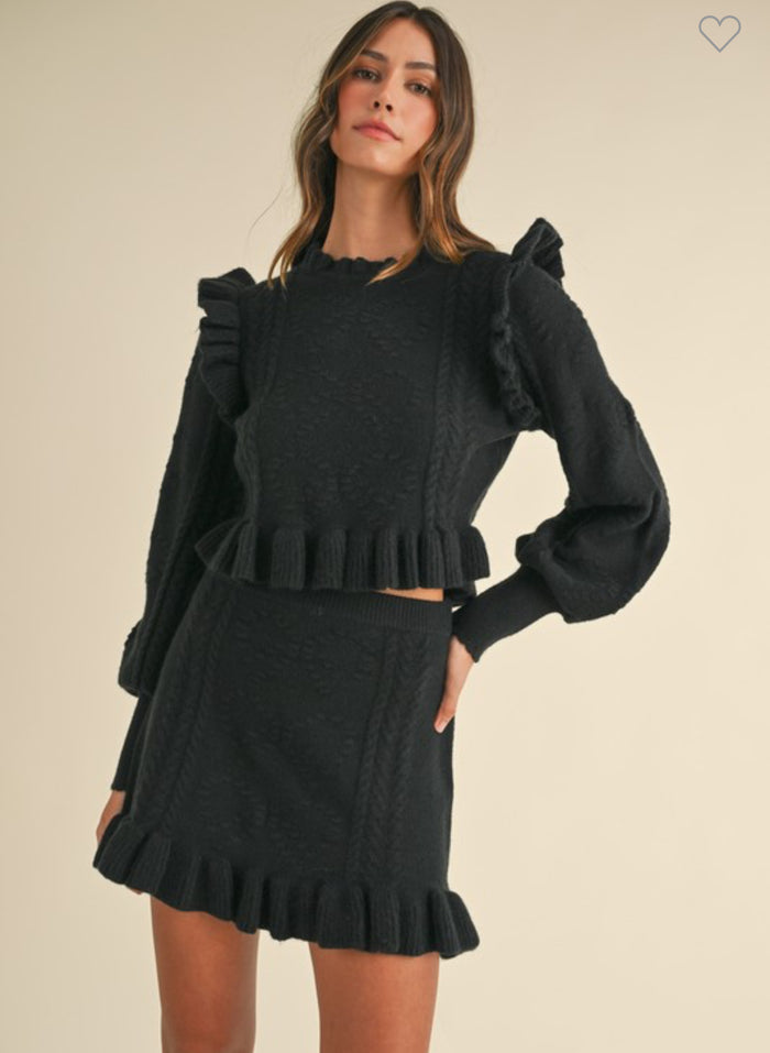 RUFFLE DETAIL KNIT TOP AND MINI SKIRT SET