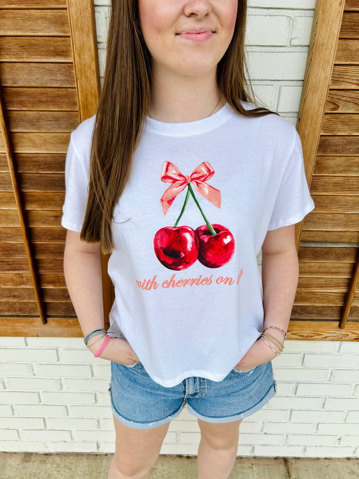 WITH CHERRIES ON TOP" CROP GRAPHIC TEE