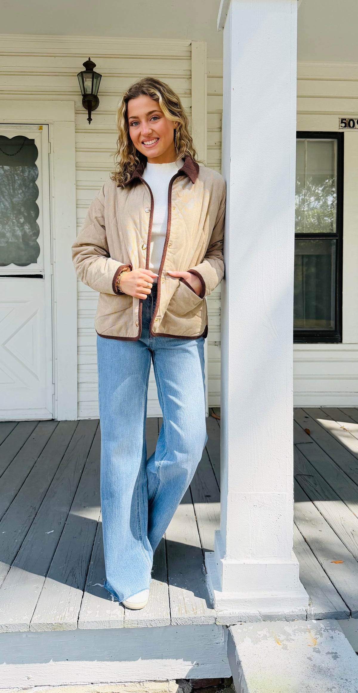 Diamond pattern quilted long sleeve snap button closure jacket