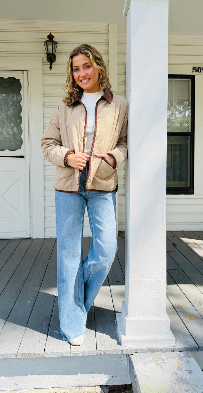 Diamond pattern quilted long sleeve snap button closure jacket