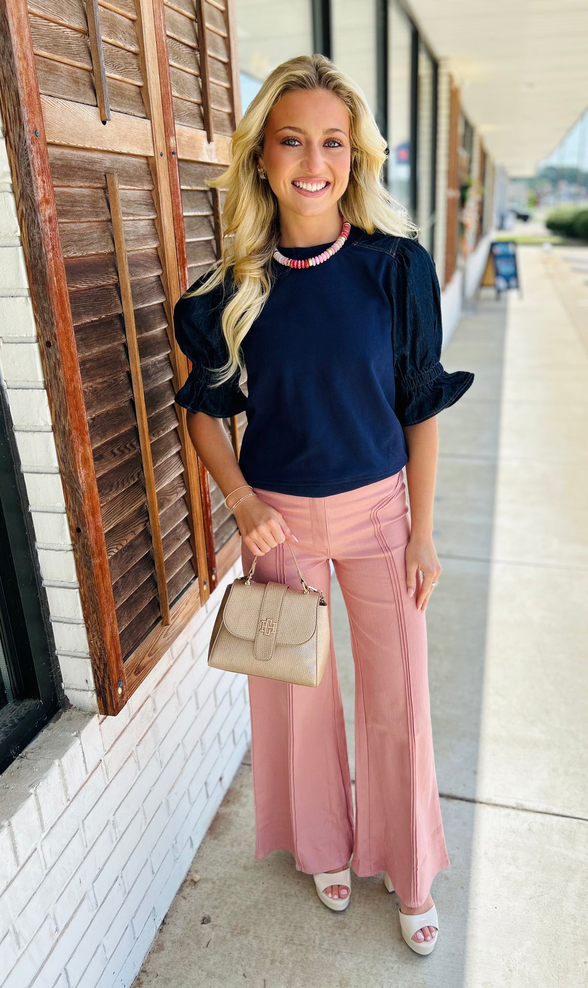 Contrast Short Denim Puff Sleeve Sweatshirt