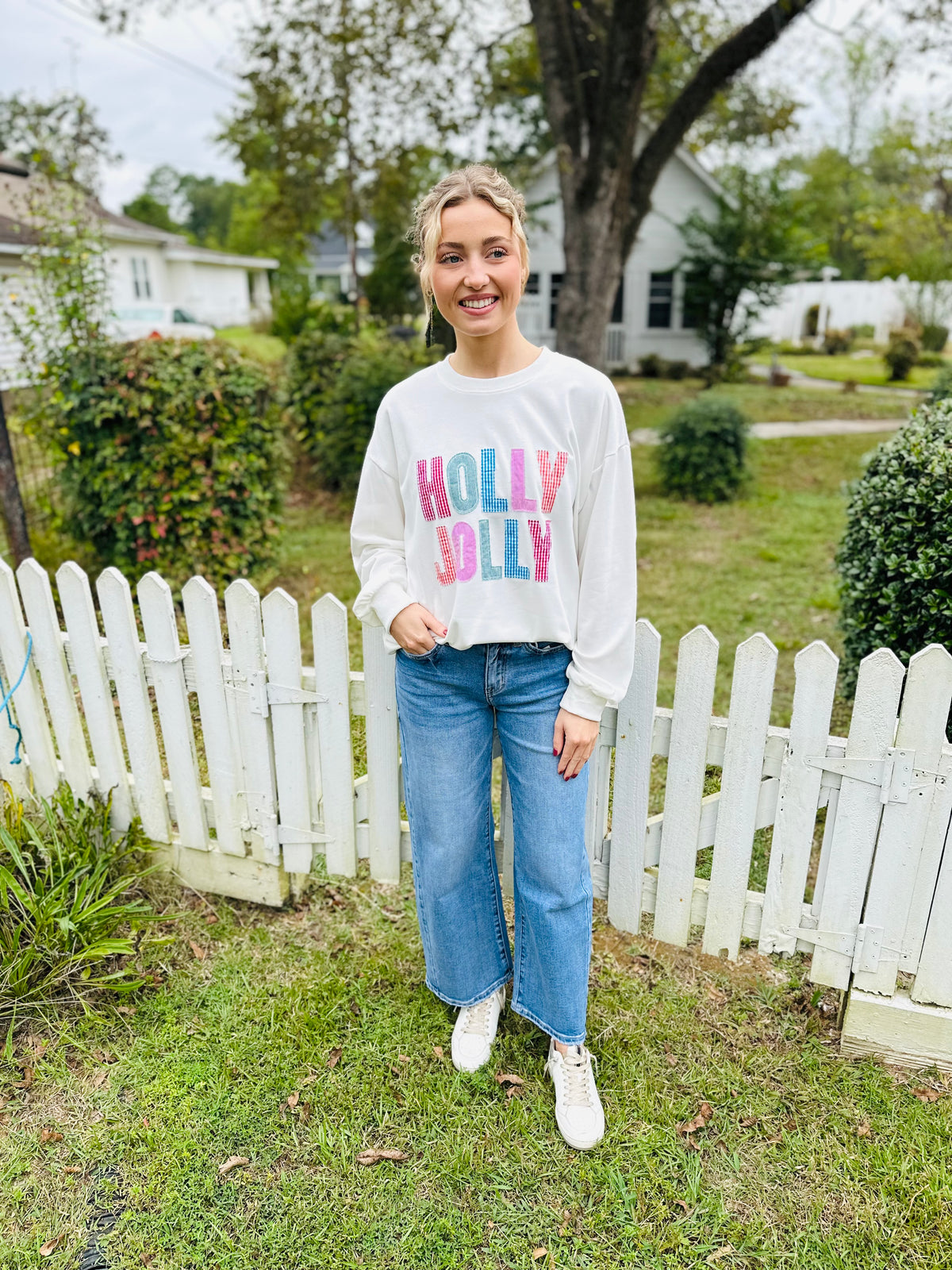 Holly Jolly White Holiday Sweatshirt Festive Winter Pullover