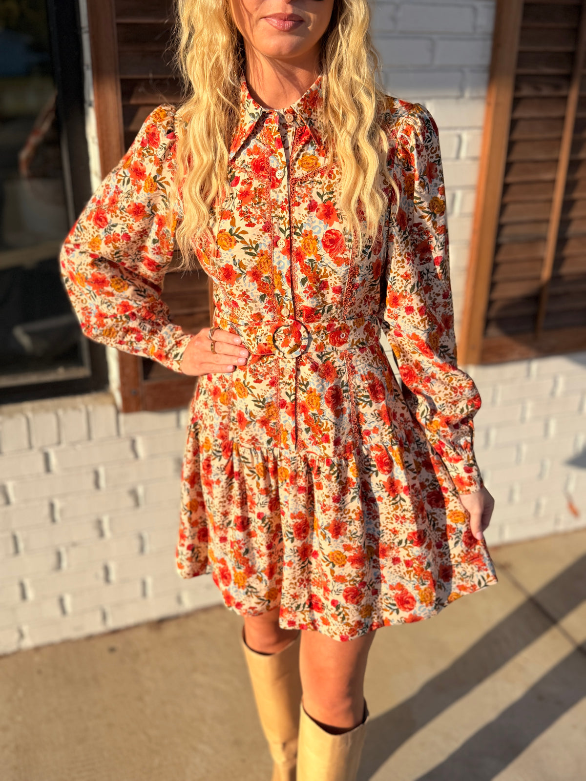 Matching Waist Tie Floral Print Button Down Shirt Dress