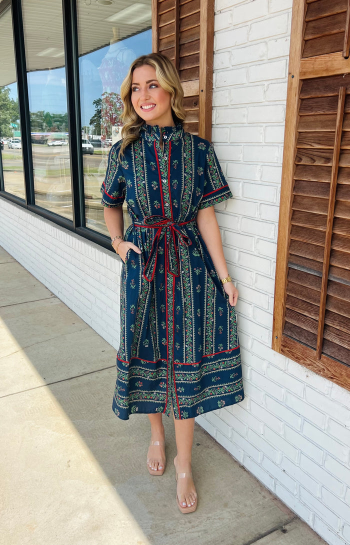 Linear floral pattern short short sleeve pleated ruffle neck band button closure shirt midi shirt