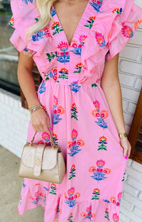 Floral Block Print Ruffle Trim Midi Dress