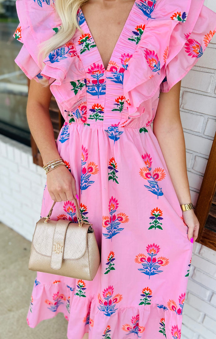 Floral Block Print Ruffle Trim Midi Dress