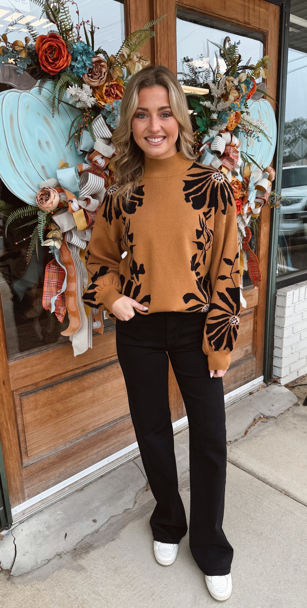 Floral knit long sleeve sweater top