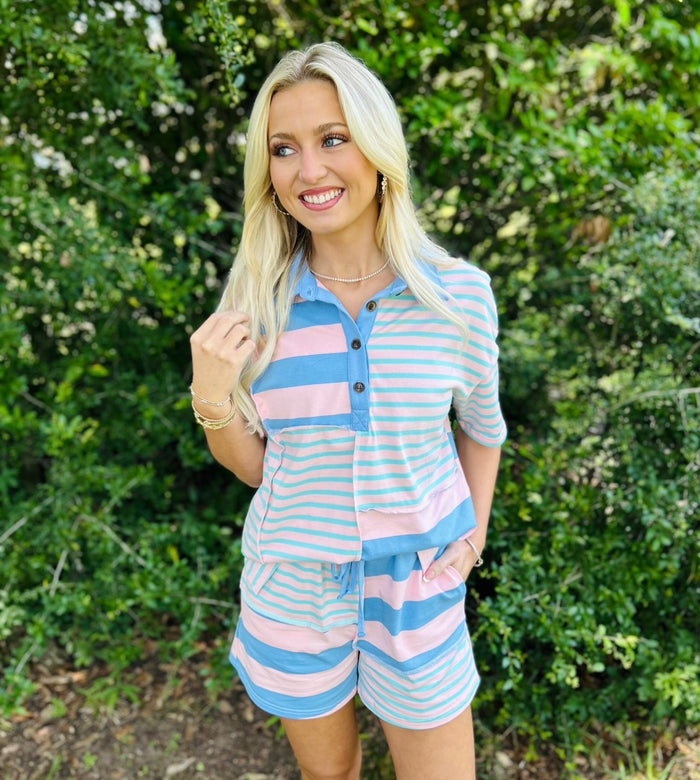 LAS Stripe Exposed Seam Patchwork Shorts Set