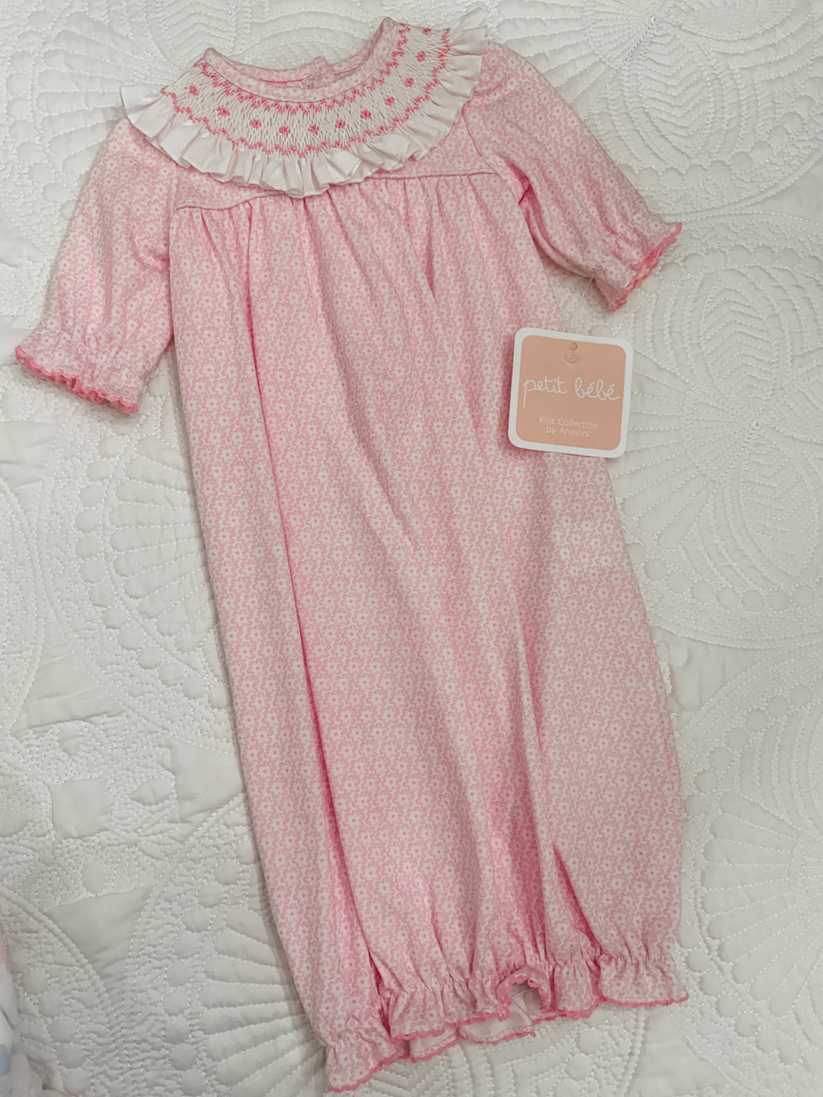 Petit Bebe Pink Flower Gown w/ White Smocked Collar