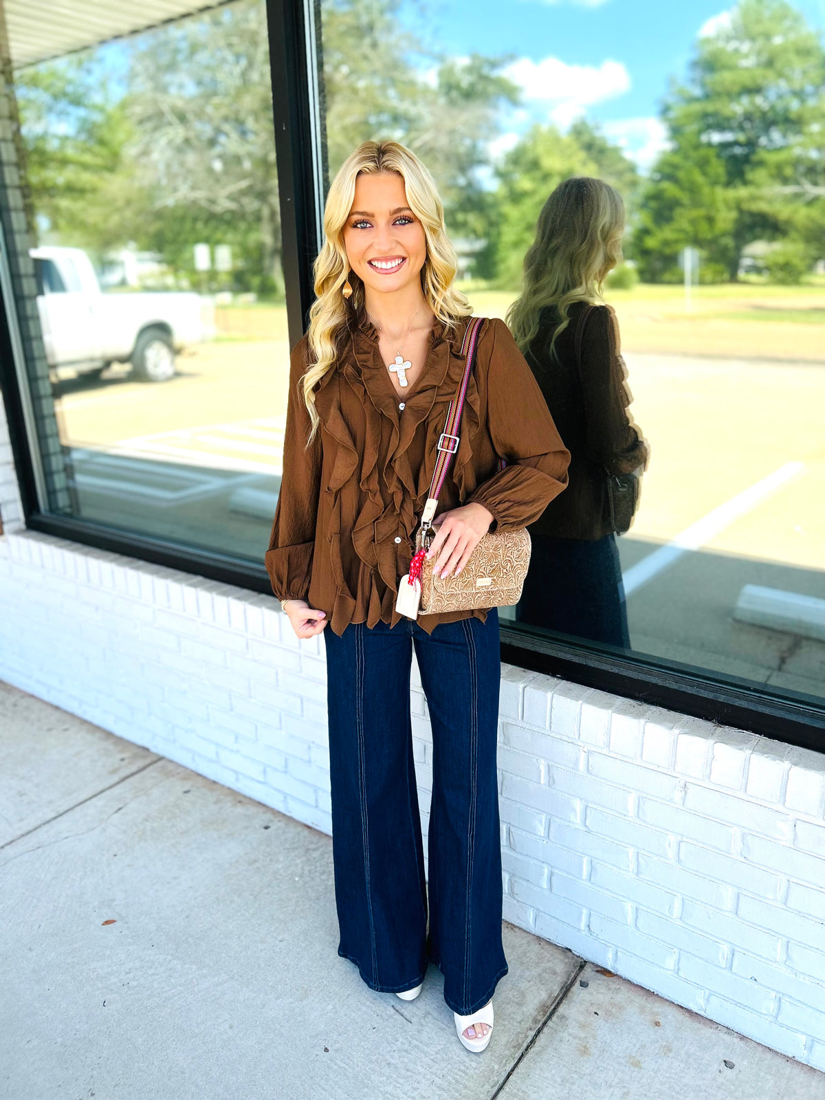 Drape Ruffle Detail Crinkle Solid Blouse