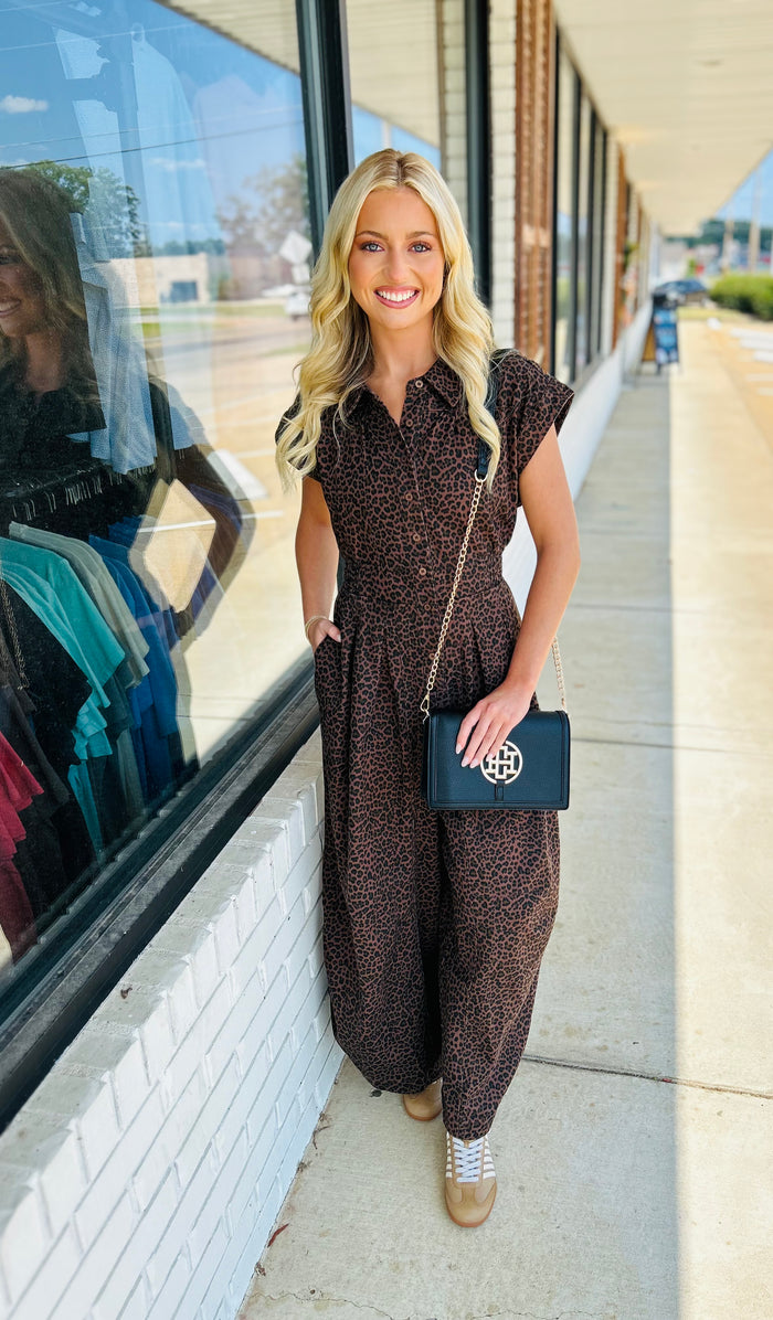 Drawstring Hemline Accent Wide Leg Leopard Jumpsuit
