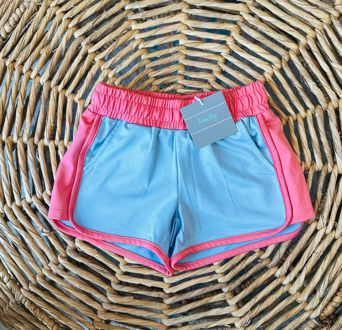 Honesty Salmon Pink/Blue Stretchy Shorts