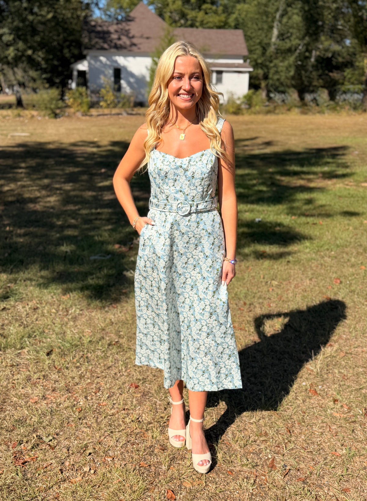 Floral Jacquard Belted Midi Dress