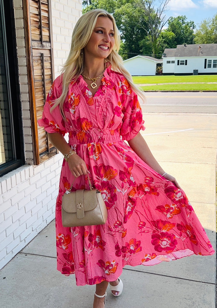 Mix Floral Smocked Midi Dress