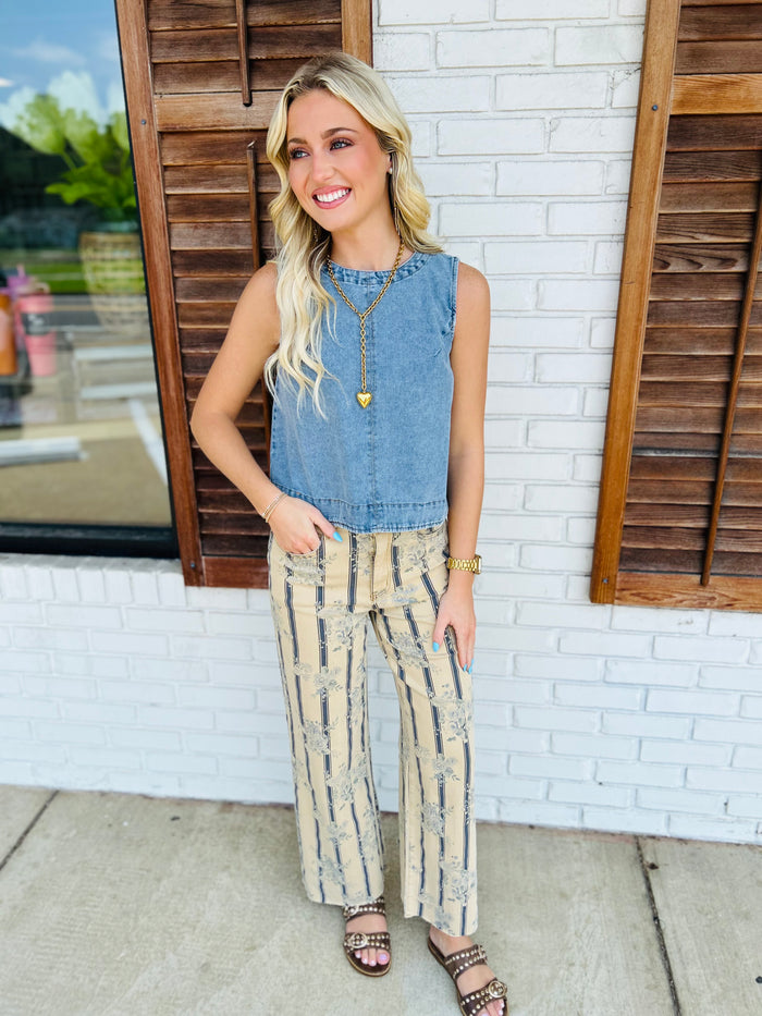 FLORAL PRINTED SOFT STRETCH TWILL PANTS