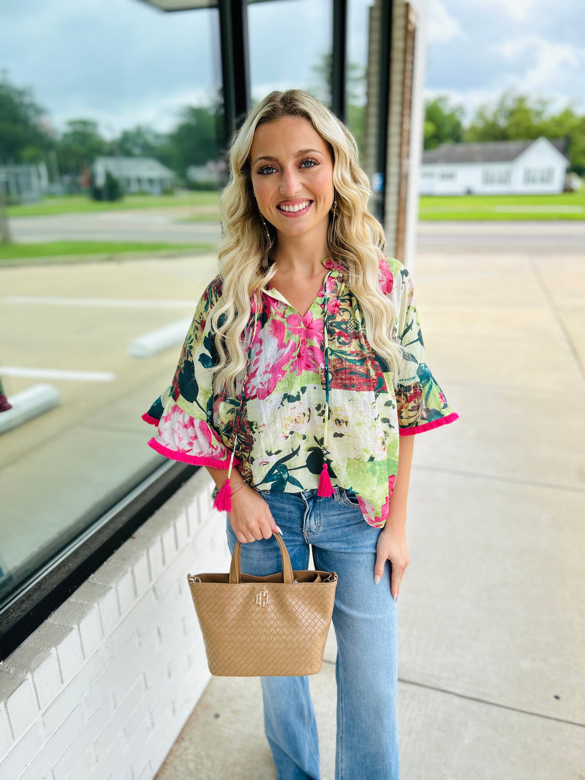 Tassle Front and Fringe Wide Sleeve Floral Top