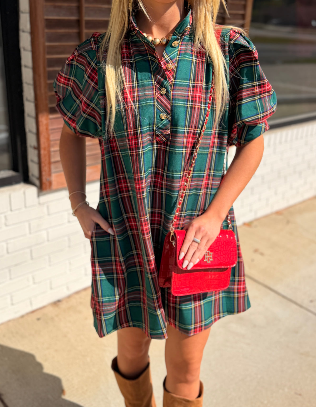Plaid print short puff sleeve mini dress